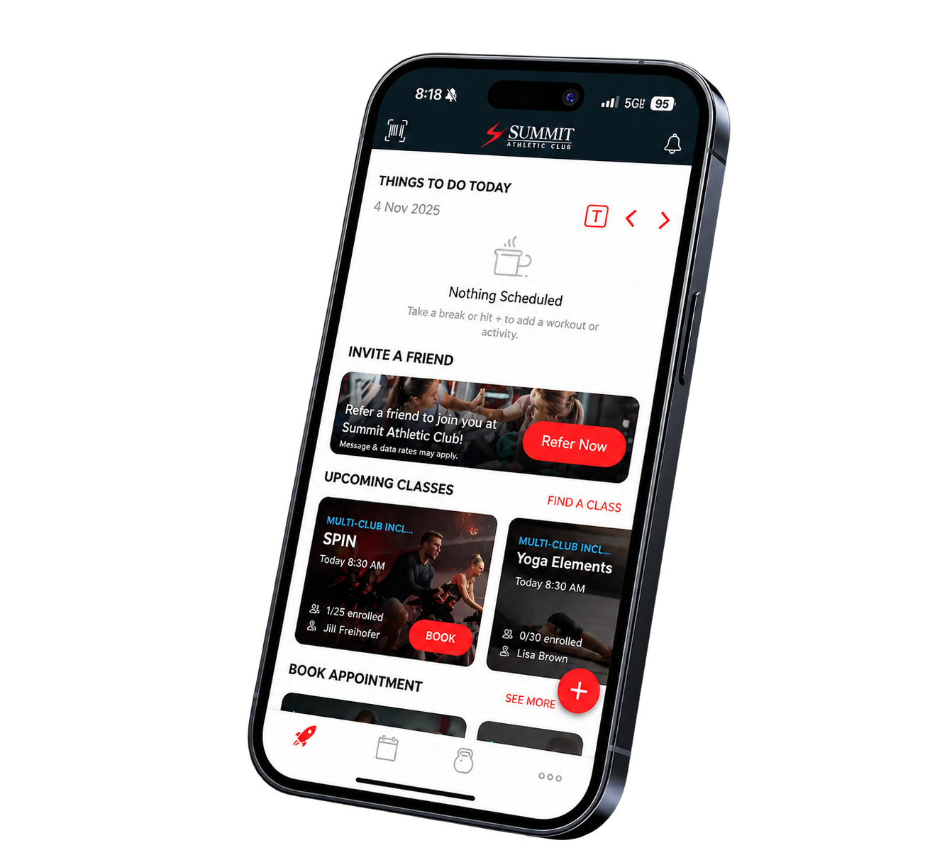 Summit Athletic Club mobile fitness app showing classes and booking options