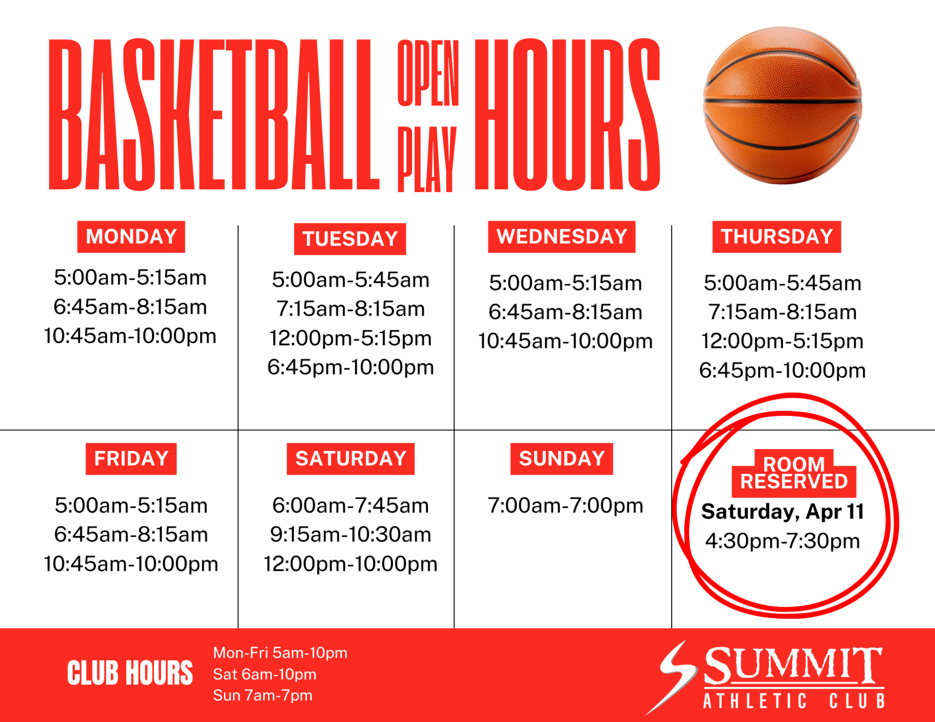 Summit Athletic Club Basketball hours