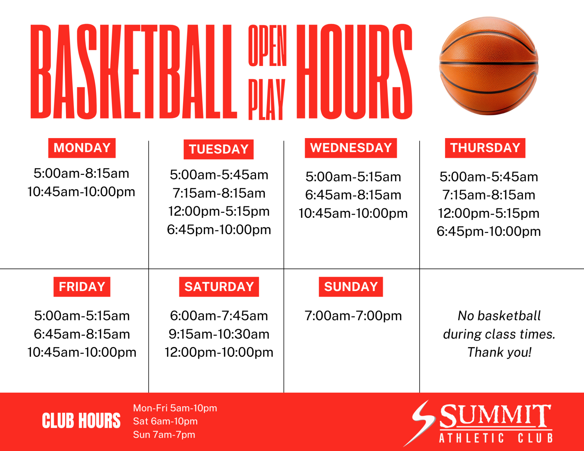 basketball open play hours for Summit Athletic Club