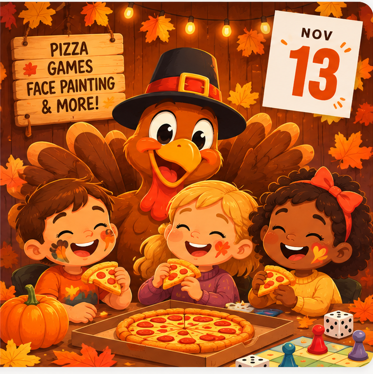Cartoon turkey and children celebrating Friendsgiving